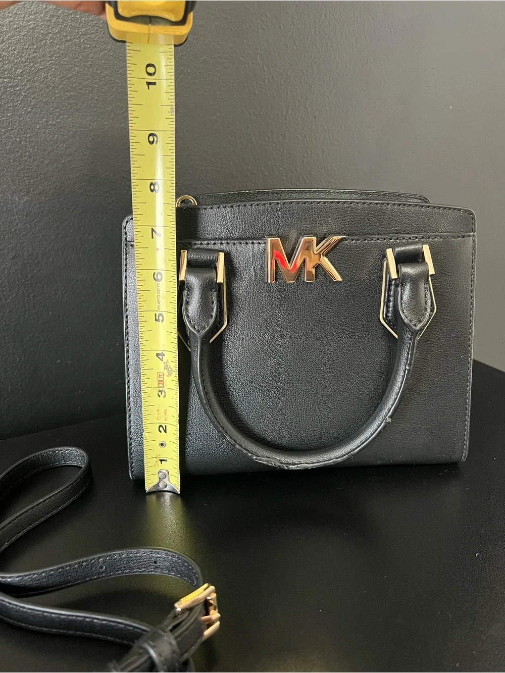 Michael Kors Black Leather Mini Satchel with Gold MK Hardware